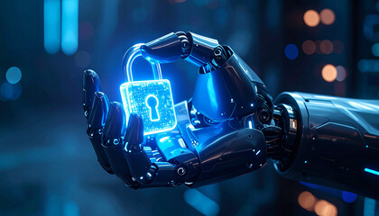 Cybersecurity in the palm of a robotic hand: The luminous padlock suggests a world of digital security and protection.