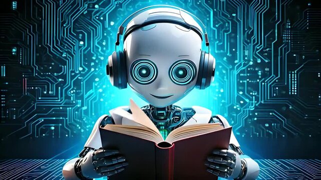 Futuristic Robot Reading a Book Amidst Technological Circuitry, AI Learning Concept