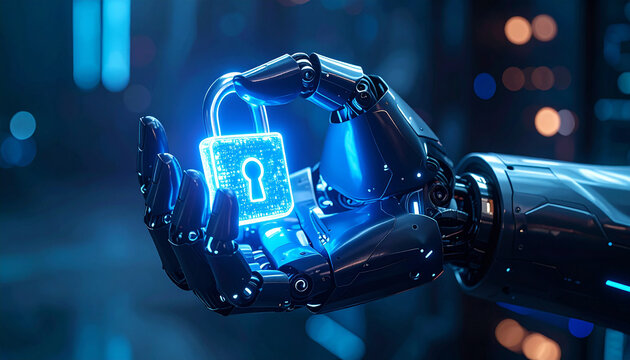 Cybersecurity in the palm of a robotic hand: The luminous padlock suggests a world of digital security and protection.