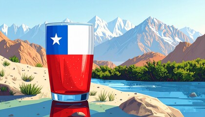 Chilean flag displayed on a glass of liquid against a mountain landscape backdrop for Independence Day celebration