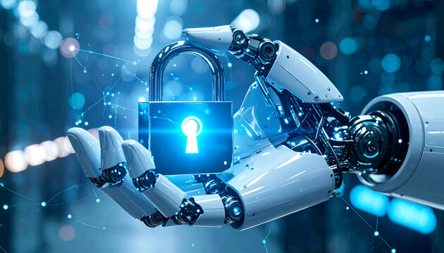 Cybersecurity Embrace: A robotic arm delicately cradles a glowing padlock, symbolizing robust cybersecurity, data protection, and digital safeguarding against cyber threats.