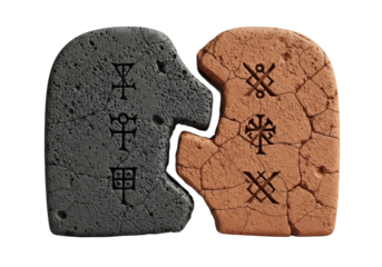 Two ancient, heavily textured tablet fragments (charcoal grey volcanic stone, terracotta clay) with cryptic symbols, imperfectly interlocked on white. Concept of ancient mystery and fragmented