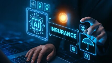 Businessman interacting with AI-driven insurance digital interface, showcasing coverage, policy, and financial management tools. - Powered by Adobe
