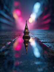 Golden temple spire miniature reflecting in a street puddle with vivid bokeh lights