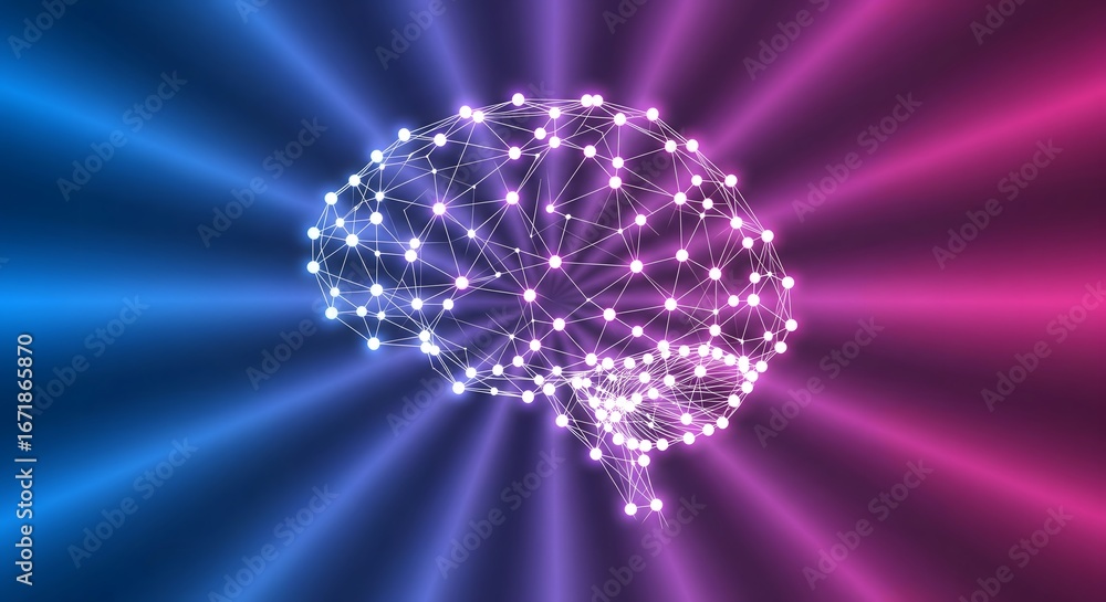 Poster illustration of a neural network in the shape of a brain.