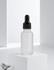 Minimalist Still Life of Frosted Glass Serum Bottle with Black Dropper Cap on White Cube