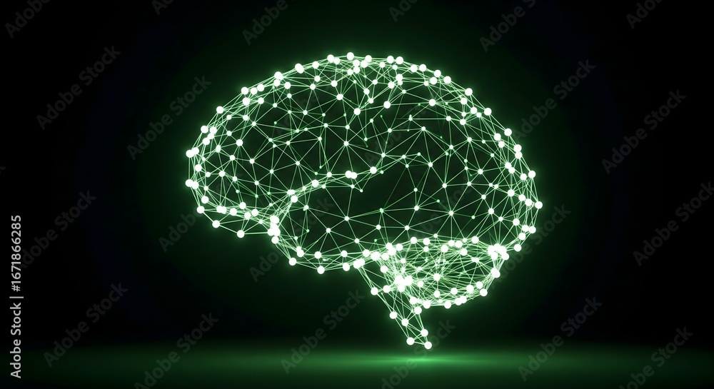 Poster abstract digital brain model with glowing nodes on a black background.