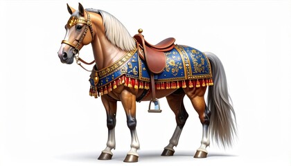 Majestic Horse with Ornate Blue and Gold Blanket in White Background