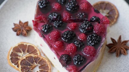 Pie, cheesecake with raspberries and blackberries, mascarpone cheese. Piece of cheesecake, sweet dessert with berries - Powered by Adobe