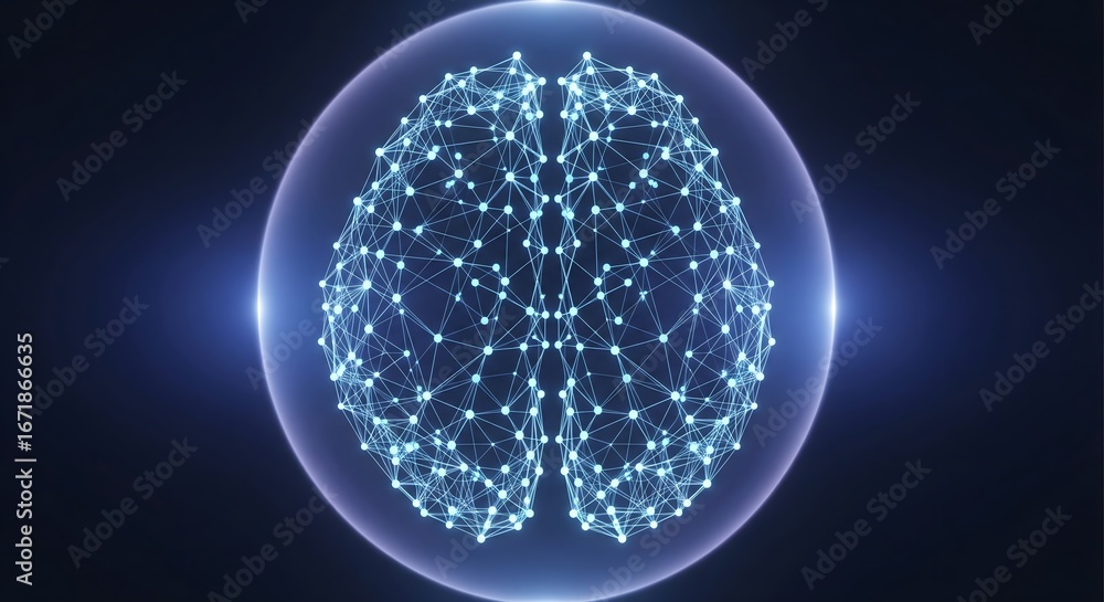 Poster abstract glowing digital brain with neural network connectivity.