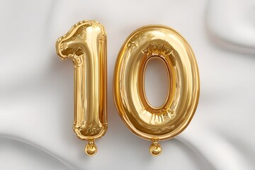 Tenth anniversary concept featuring elegant gold number 10 balloon on white background.