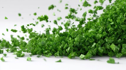 Obraz premium 3D render of chopped parsley pieces, scattered, floating view on clean white background