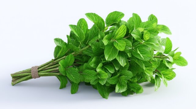 3D render of bunch of mint leaves with stem, fresh green tones, clean white studio background
