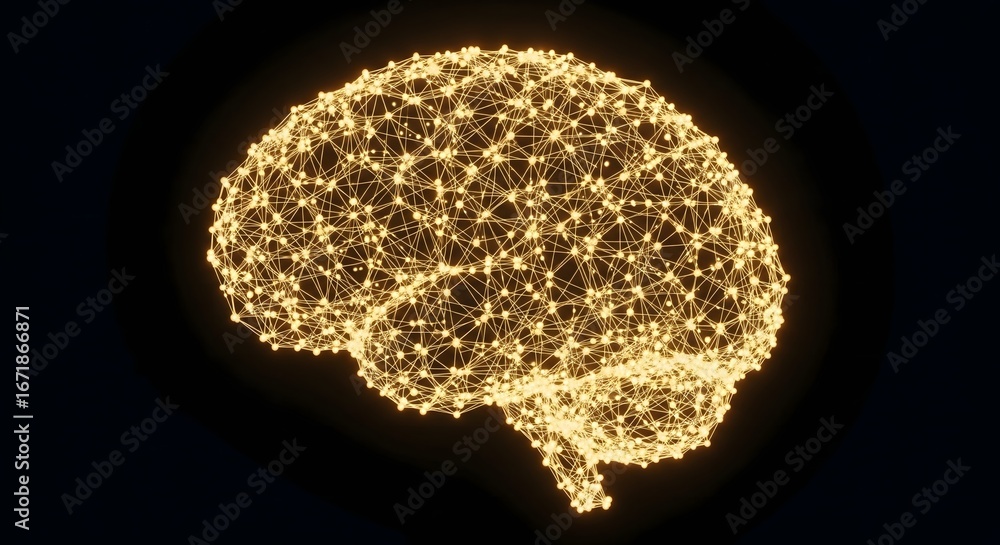Poster glowing wireframe brain representing neural networks and ai on a black background.