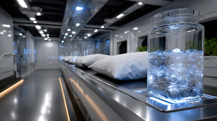 A captivating image of illuminated vessels in a modern healthcare facility, representing innovative medical practices and the blending of technology with patient care.