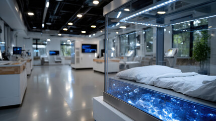 Fototapeta premium This image captures a peaceful and inviting healthcare environment featuring a sleek patient bed, reflective of innovative medical facilities and patient-centered design.