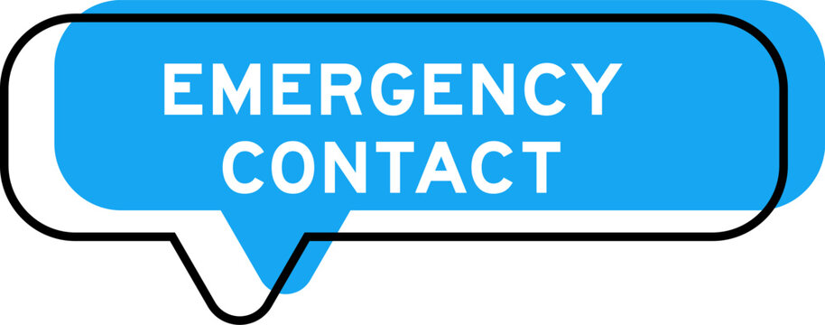 Speech banner and blue shade with word emergency contact on white background