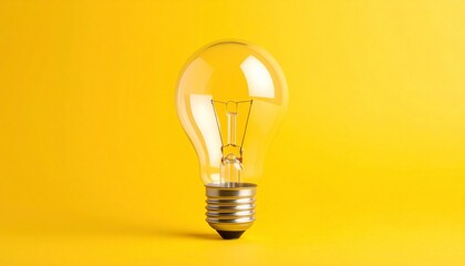 A clear incandescent light bulb stands upright against a bright yellow background. Its visible filament and glossy glass evoke ideas, innovation, and the spark of creative clarity.
