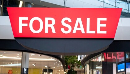 Red "For Sale" sign hanging above shops in a mall