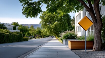 Residential street scene with yellow sign, trees, and houses
