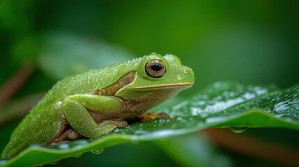 Obraz premium A close-up of a green tree frog resting on a wet leaf in a rainforest, dew drops glistening, shallow depth of field, lush green background, high detail nature shot.