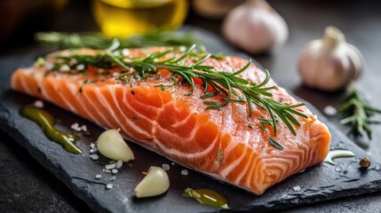 A close-up of a thick fresh salmon steak on a slate platter, decorated with rosemary, garlic cloves, and olive oil drizzles, ready for cooking, studio lighting.