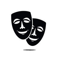 Two theatrical masks depicted in black and white with simple facial features and a minimalist design style