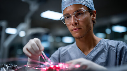 A young medical professional intensely focused, manipulating glowing threads in a sterile environment, reflecting dedication to healthcare, technology, and innovative solutions.