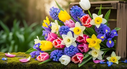Colorful spring flower bouquet with tulips, daffodils, hyacinths, and irises in a wooden box