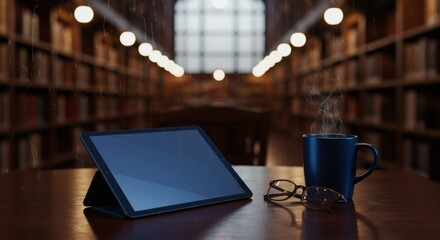 Rainy Day Study Tablet with Coffee, and and Books in a Cozy Library Ambience.