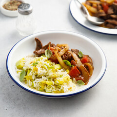 Beef ragout with rice and vegetables