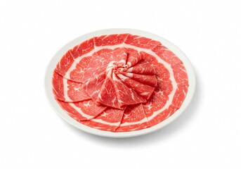 Sliced ​​beef, shabu, on a plate on white background isolated