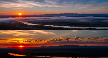 Fototapeta premium A stunning sunrise and sunset collage showcasing the beauty of nature with a river and misty landscape