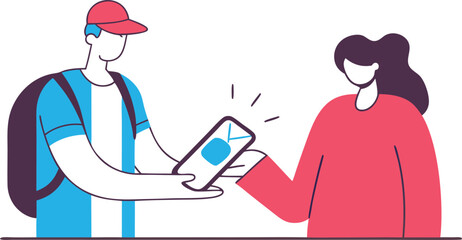 Digital Handover with Mobile Technology Streamlined Communication and Secure Data Transfer Between a Man with a Backpack and a Woman Emphasizing Efficiency and Modern Collaboration