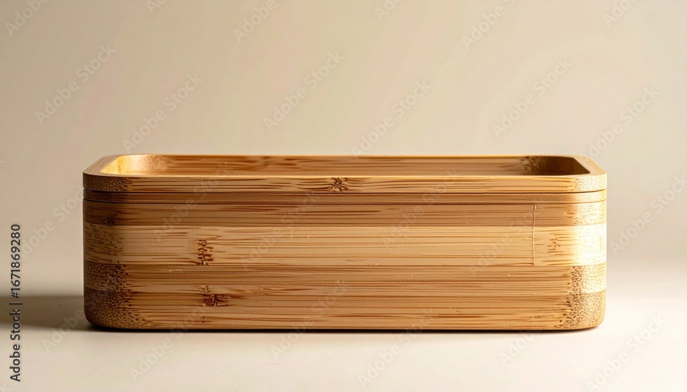 Aufkleber rectangular bamboo container with clean lines on beige surface in soft studio lighting
