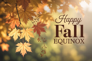 Obraz premium Happy fall equinox. Colorful maple leaves and warm seasonal tones with text.