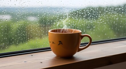Cozy rain and tea break, Warm cup of tea on a rainy day window with nature, offering tranquility and solace