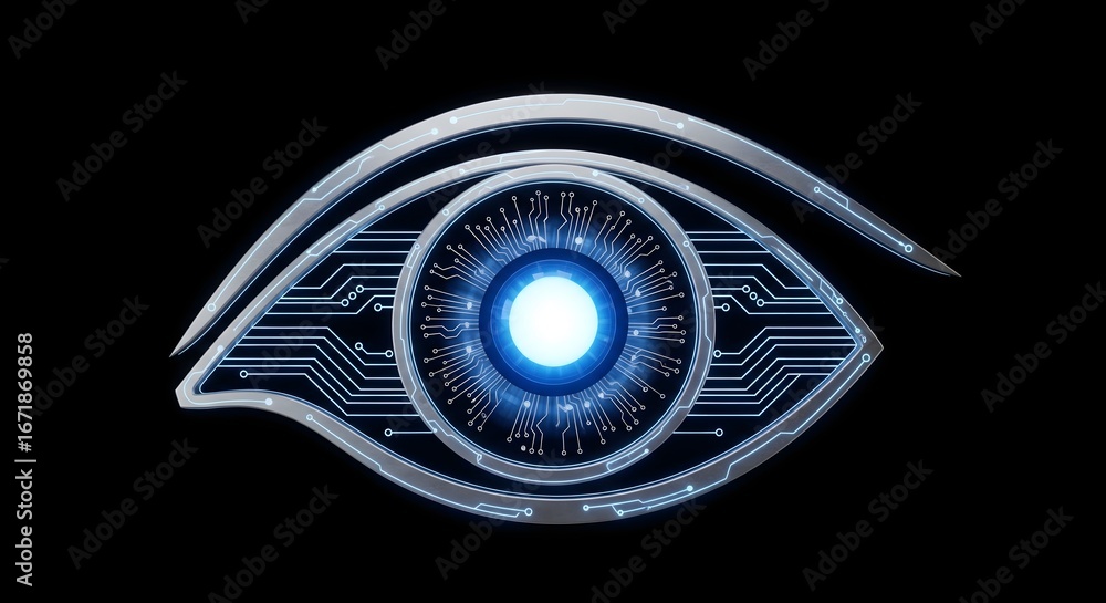 Poster abstract illustration of an eye design with a circuit board pattern.