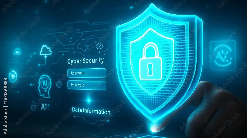 Poster hand touching shield cyber security digital interface data protection technology network screen