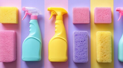Bright cleaning supplies including spray bottles and sponges on vibrant pastel background