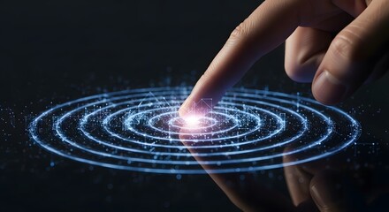 Finger activating digital technology, futuristic touch interface with finger touching the center, circular glowing digital patterns under a finger, technology interface