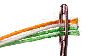Needle threading vibrant orange, white, and green threads, a symbol of unity and craft