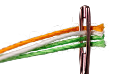 Needle threading vibrant orange, white, and green threads, a symbol of unity and craft