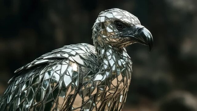 Majestic metal vulture sculpture reflecting light