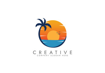 Holiday vacation beach stamplogo Tropical Sunset Logo  with Palm Trees Vector design