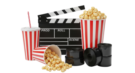 Movie night essentials: Popcorn, soda, and film reels for entertainment and cinema concept