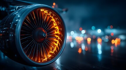 Extreme close-up of a powerful jet engine turbine, its blades glowing with intense heat against a dynamic background of industrial bokeh lights.