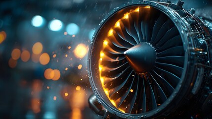 Extreme close-up of a powerful jet engine turbine, its blades glowing with intense heat against a dynamic background of industrial bokeh lights.