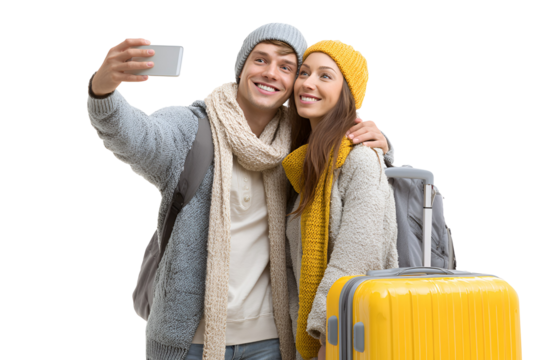 Happy couple taking a selfie before travel wearing winter clothes while holding a yellow suitcase and backpack ready to explore new destinations together creating lasting memories