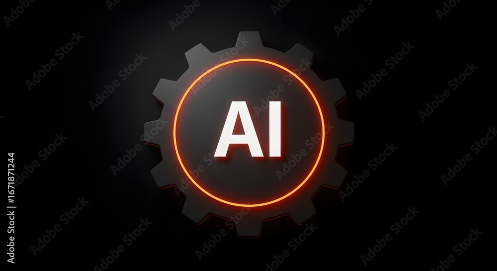 Poster 3d rendering of a cogwheel with an ai symbol on a black background.